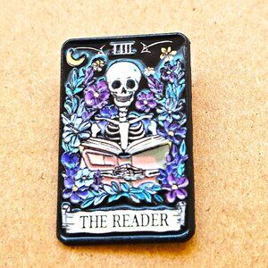 Spell Skeleton Reader Enamel Pin, Tarot Card, Gothic, Book Lover, Unisex Pin